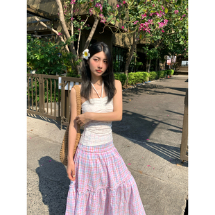 黑奶酪 BLACK~五一出游夏日韩系百搭粉色格子半身长裙百褶蛋糕裙