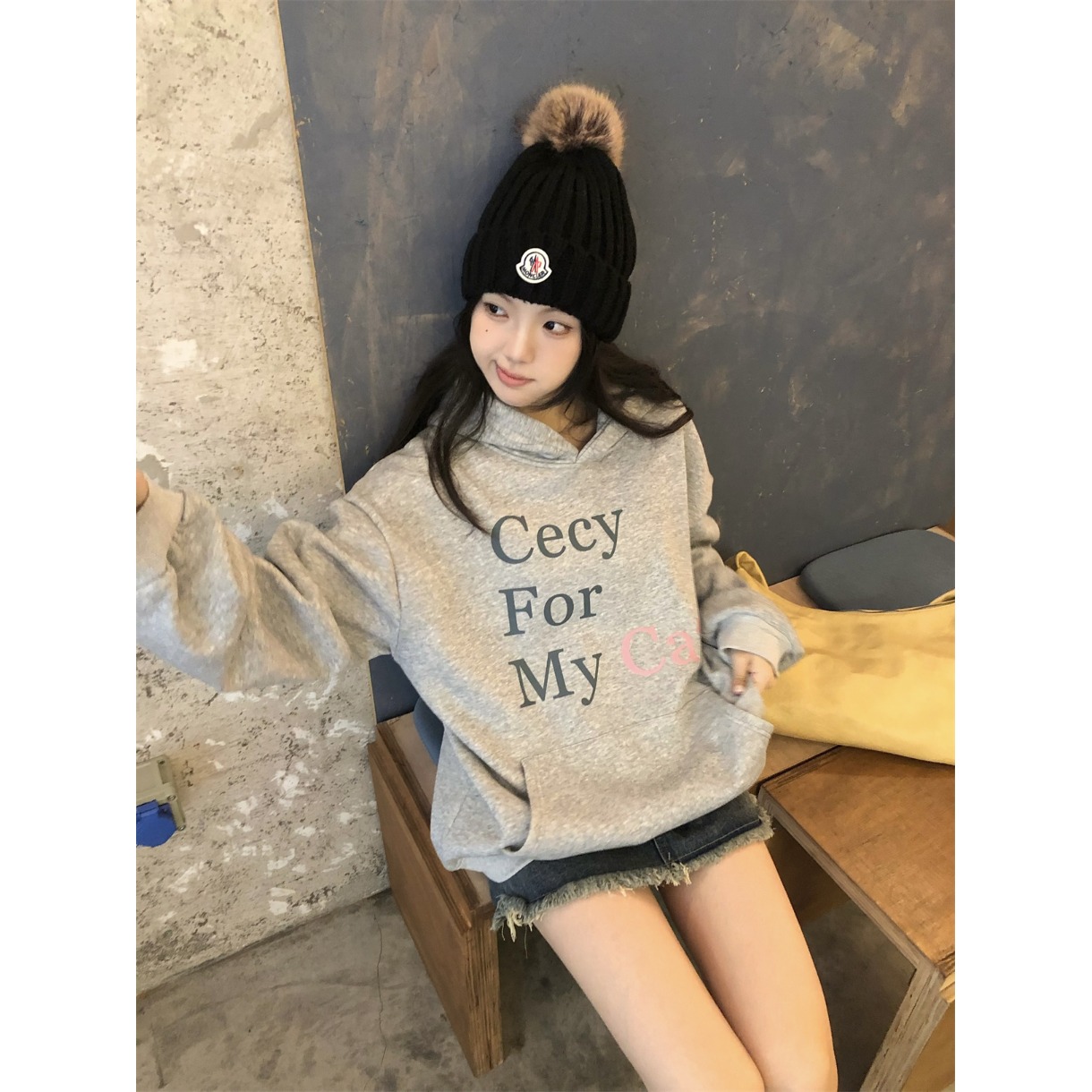 复古字母印花宽松加绒连帽卫衣