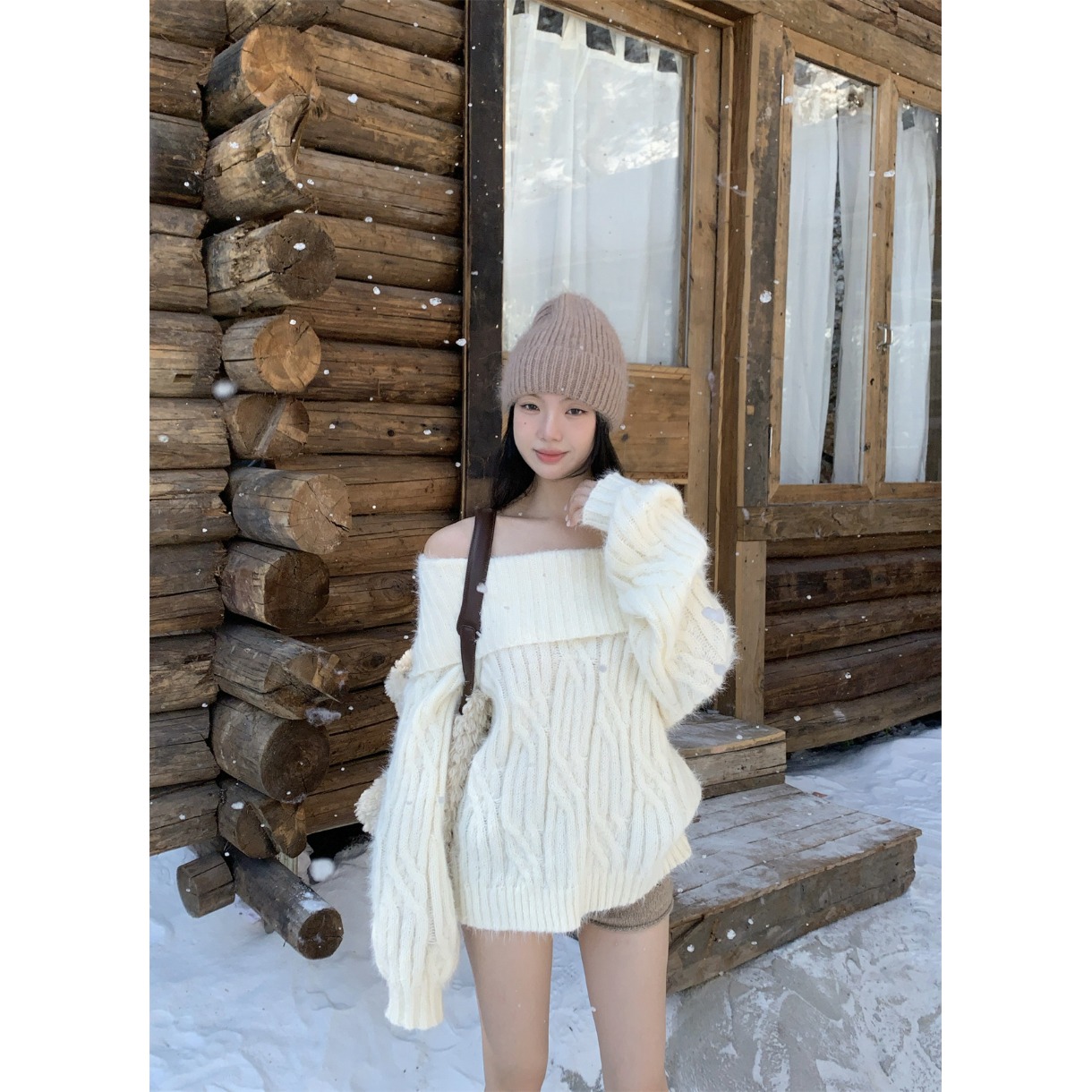 一字肩麻花毛衣仿水貂绒针织衫