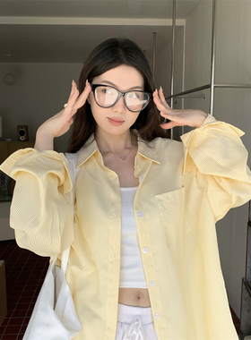 复古黄色细条纹衬衫女装春季长袖防晒衬衣宽松显瘦中长款上衣外搭