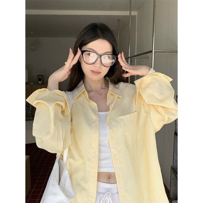 复古黄色细条纹衬衫长袖防晒衬衣