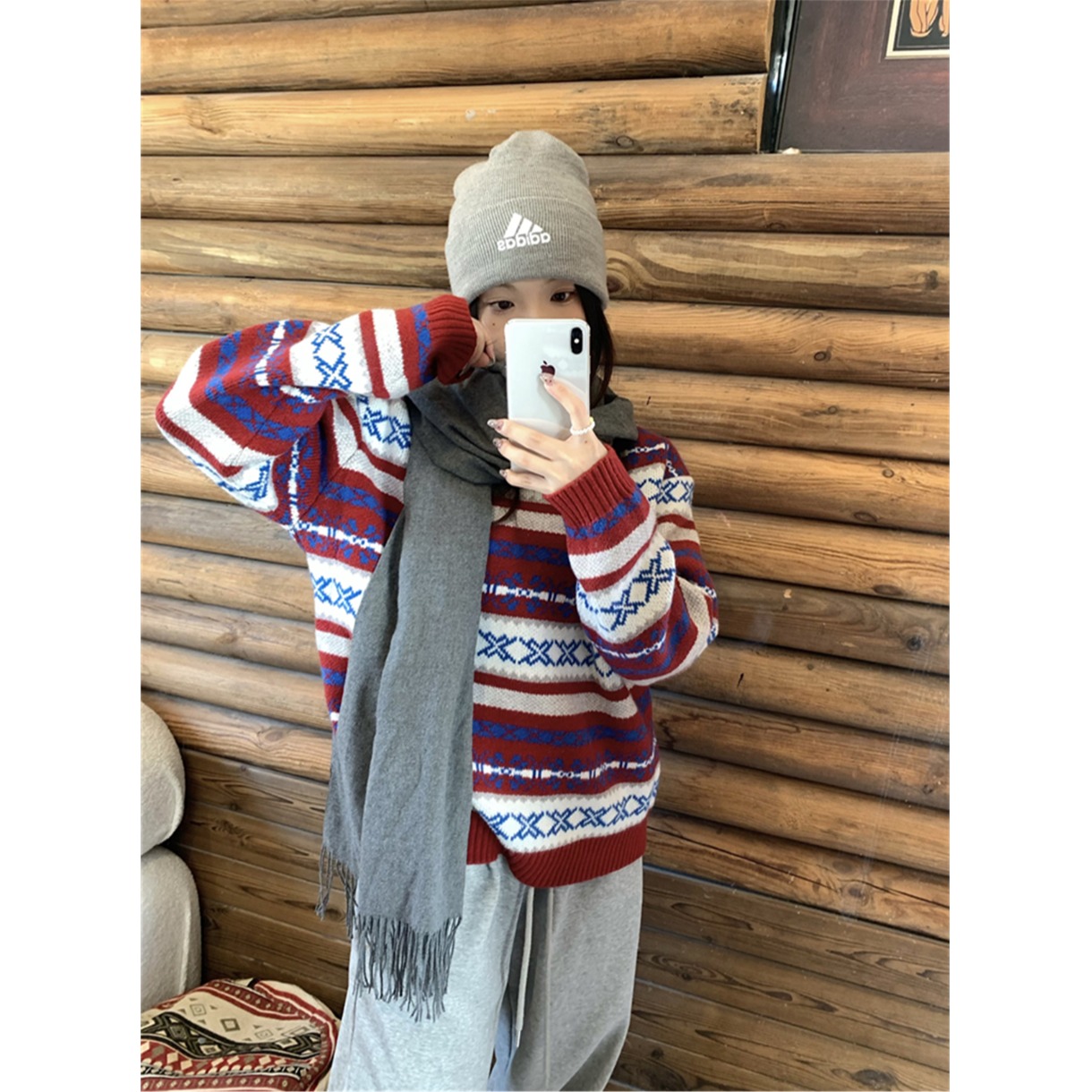 复古慵懒费尔岛提花撞色宽松毛衣