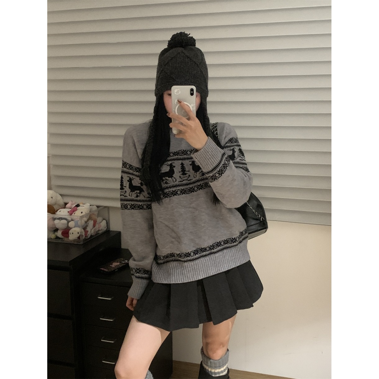 复古慵懒宽松麋鹿提花毛衣针织衫