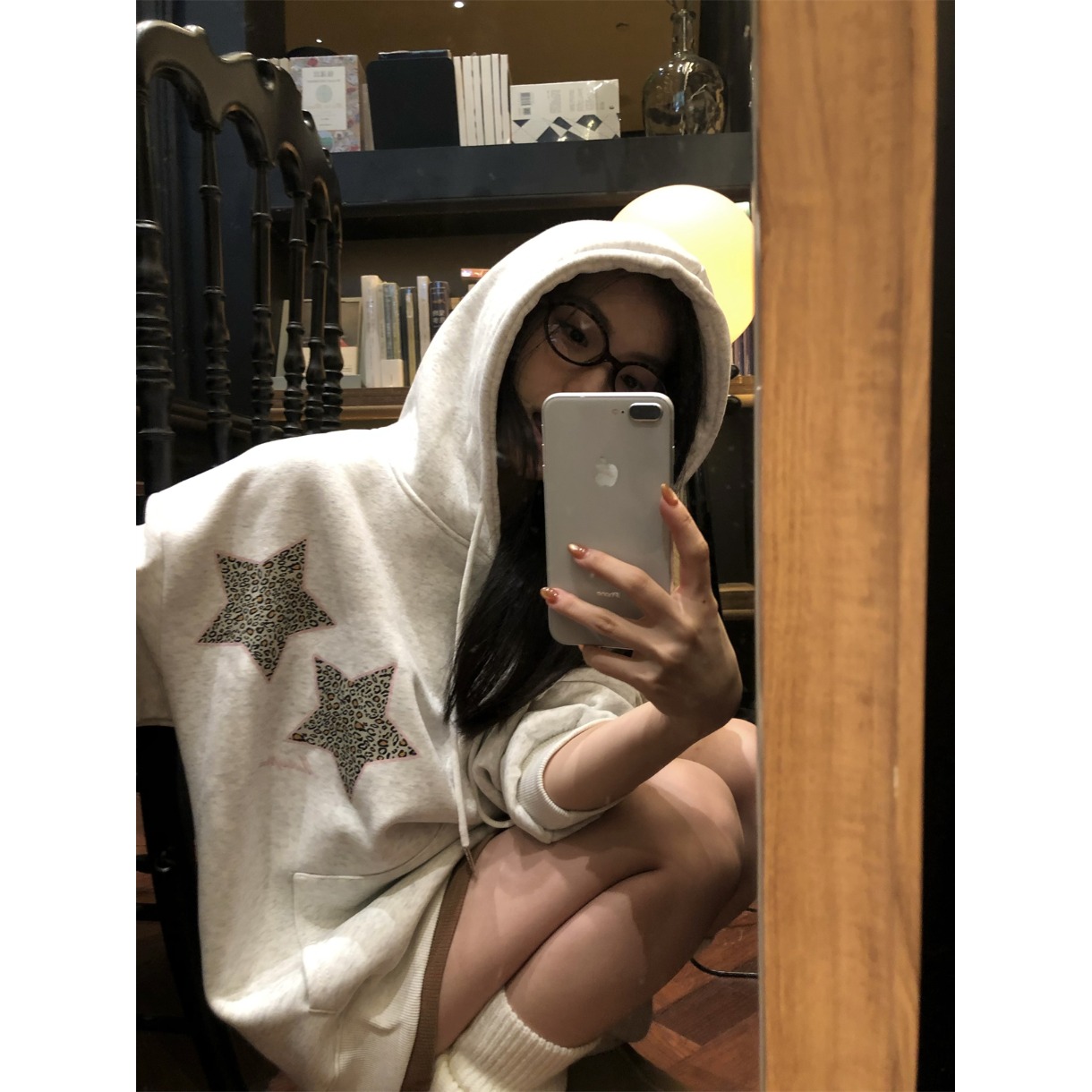 美式慵懒豹纹星星印花连帽卫衣