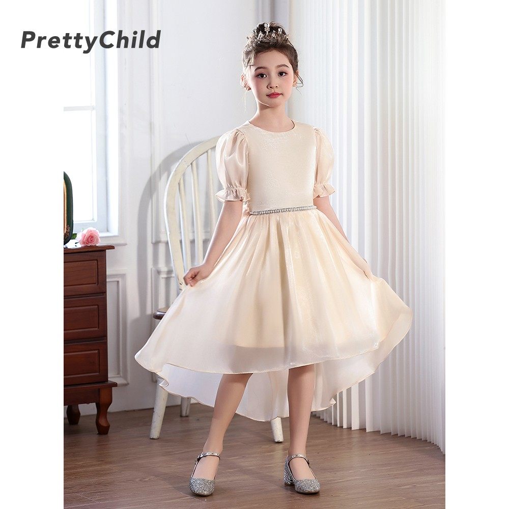 香槟金女童礼服高端钢琴表演合唱团演出服气质前短后长公主裙短袖