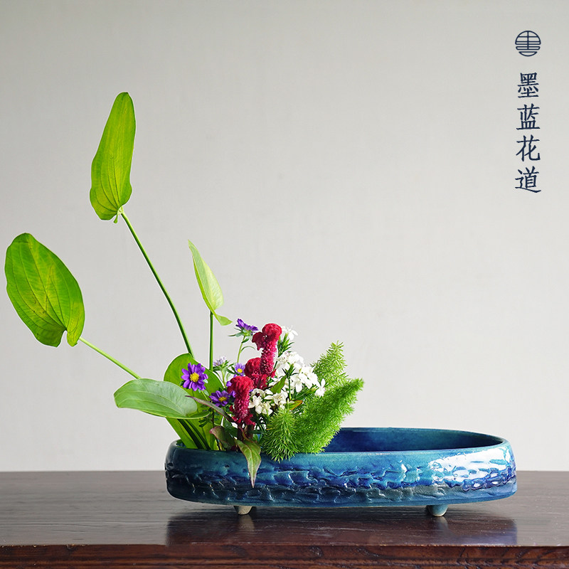 日本进口信乐烧窑变釉四脚椭圆盘陶瓷花器日式花道插花器皿小原流