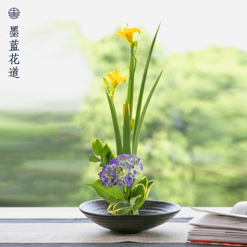 中式插花器皿三足盘禅意陶瓷