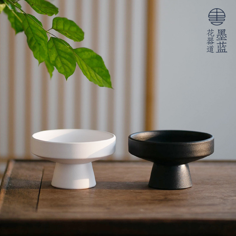 精致陶瓷高脚盘插花器中式日式迷你简约高足禅意茶席小碟子摆件