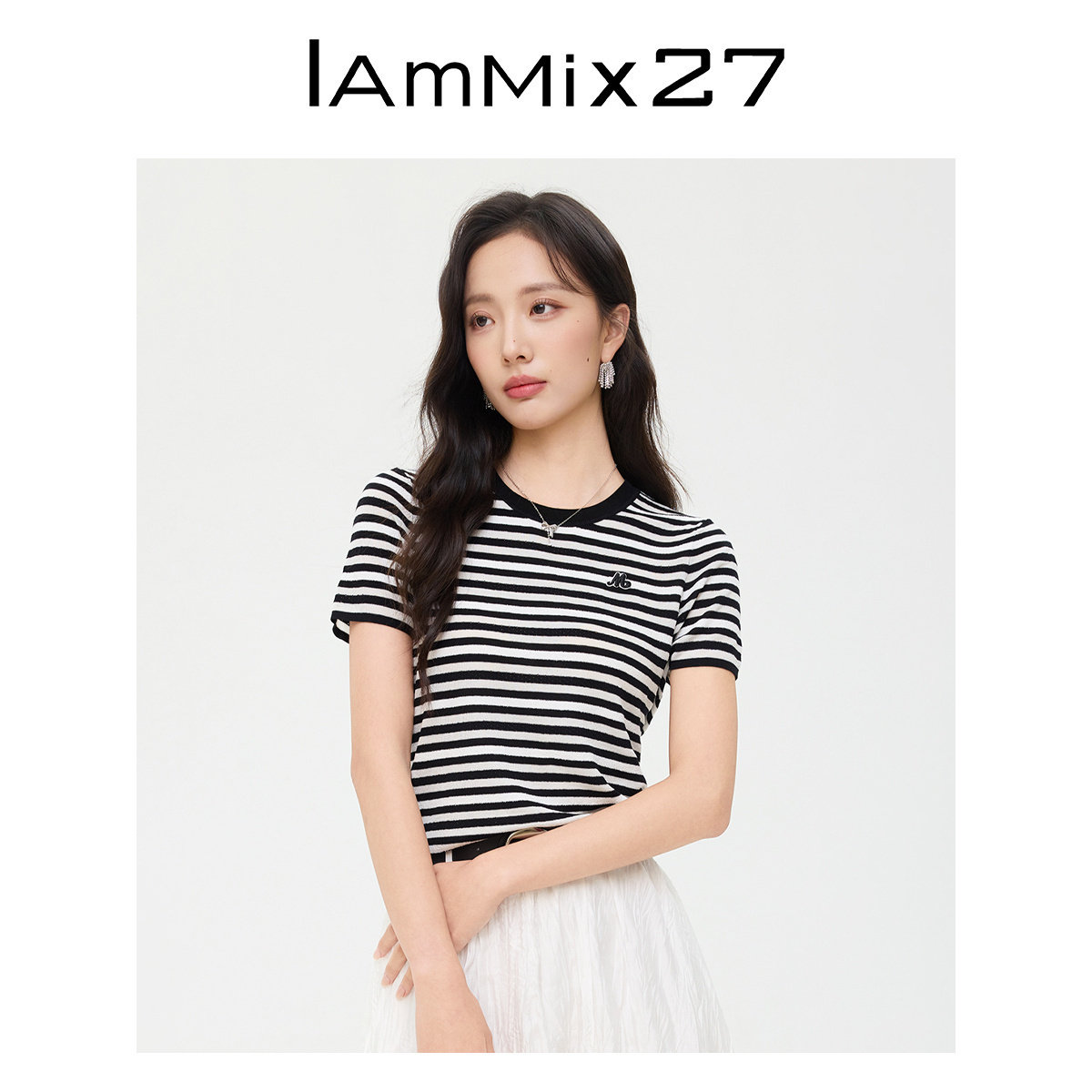 IAmMIX27套头针织衫女短袖薄款莱赛尔桑蚕丝混纺黑白条纹圆领T恤