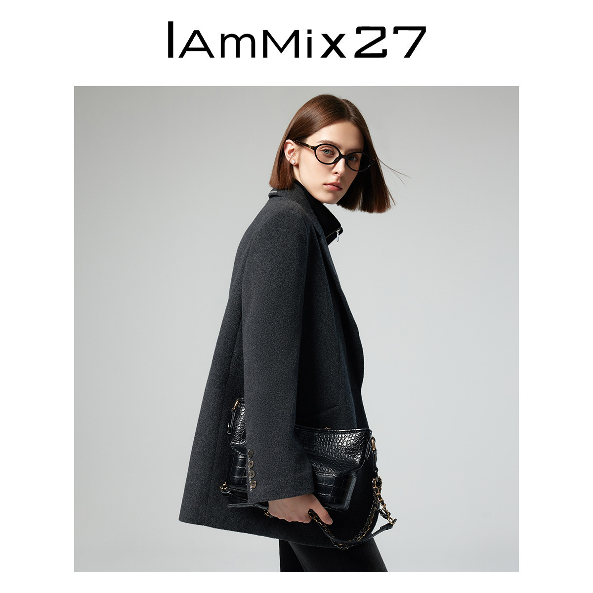 IAmMIX27秋冬毛呢外套女宽松加厚保暖黑色百搭纯羊毛休闲毛呢西服