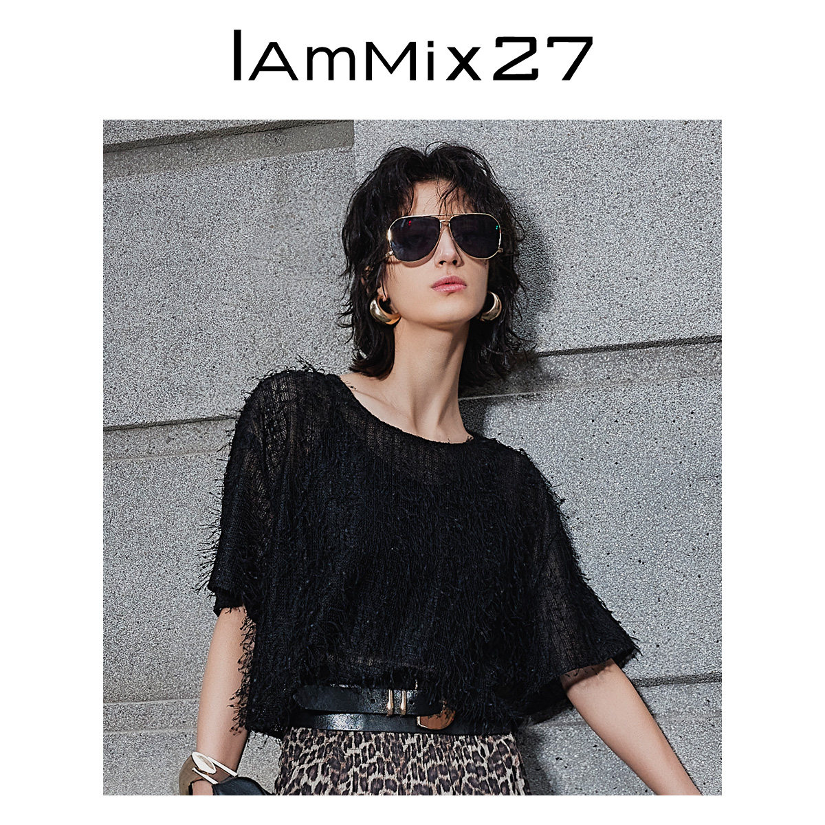 IAmMIX27黑色圆领T恤女短袖宽松小众设计流苏网眼套头上衣女短款