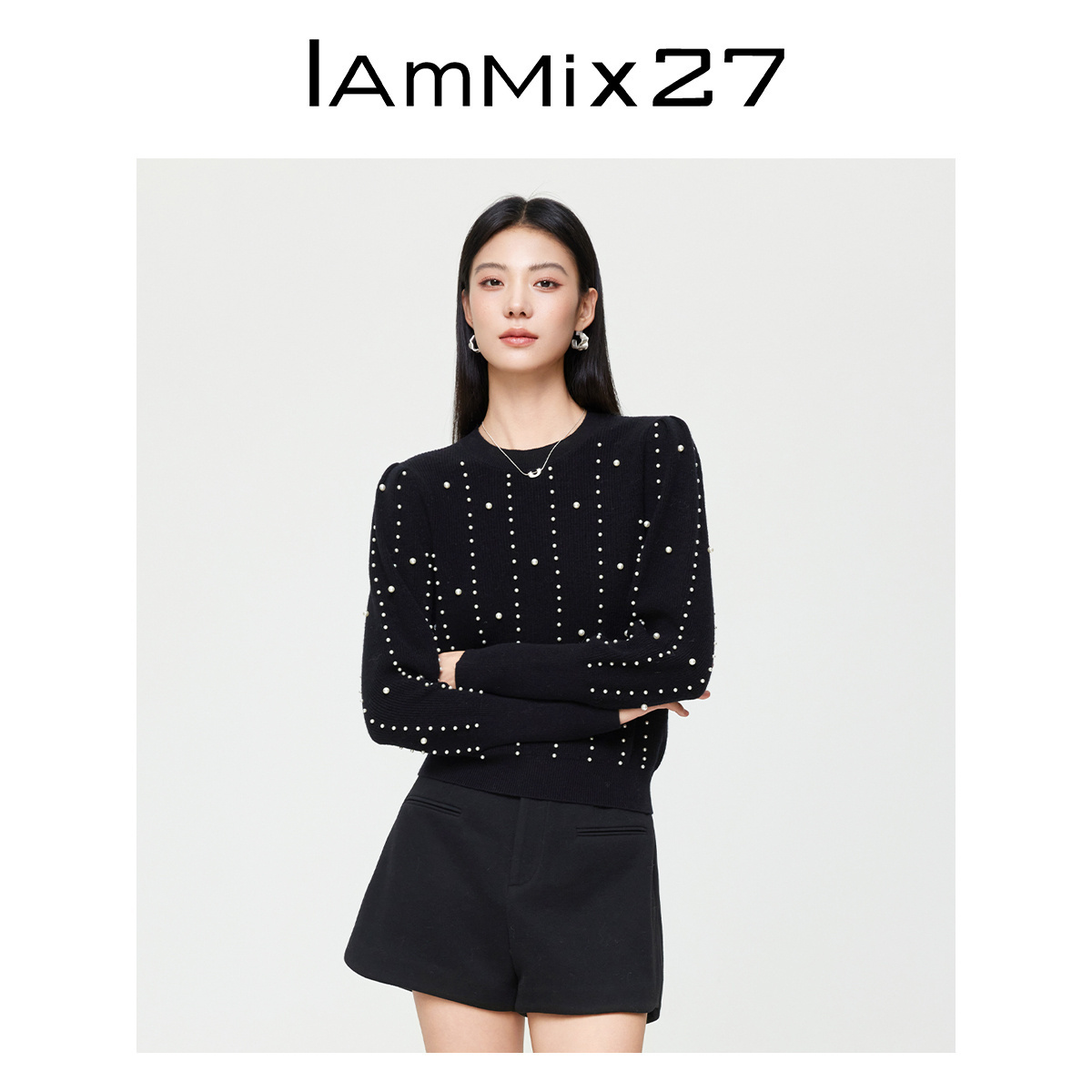 iammix27泡泡袖圆领套头衫