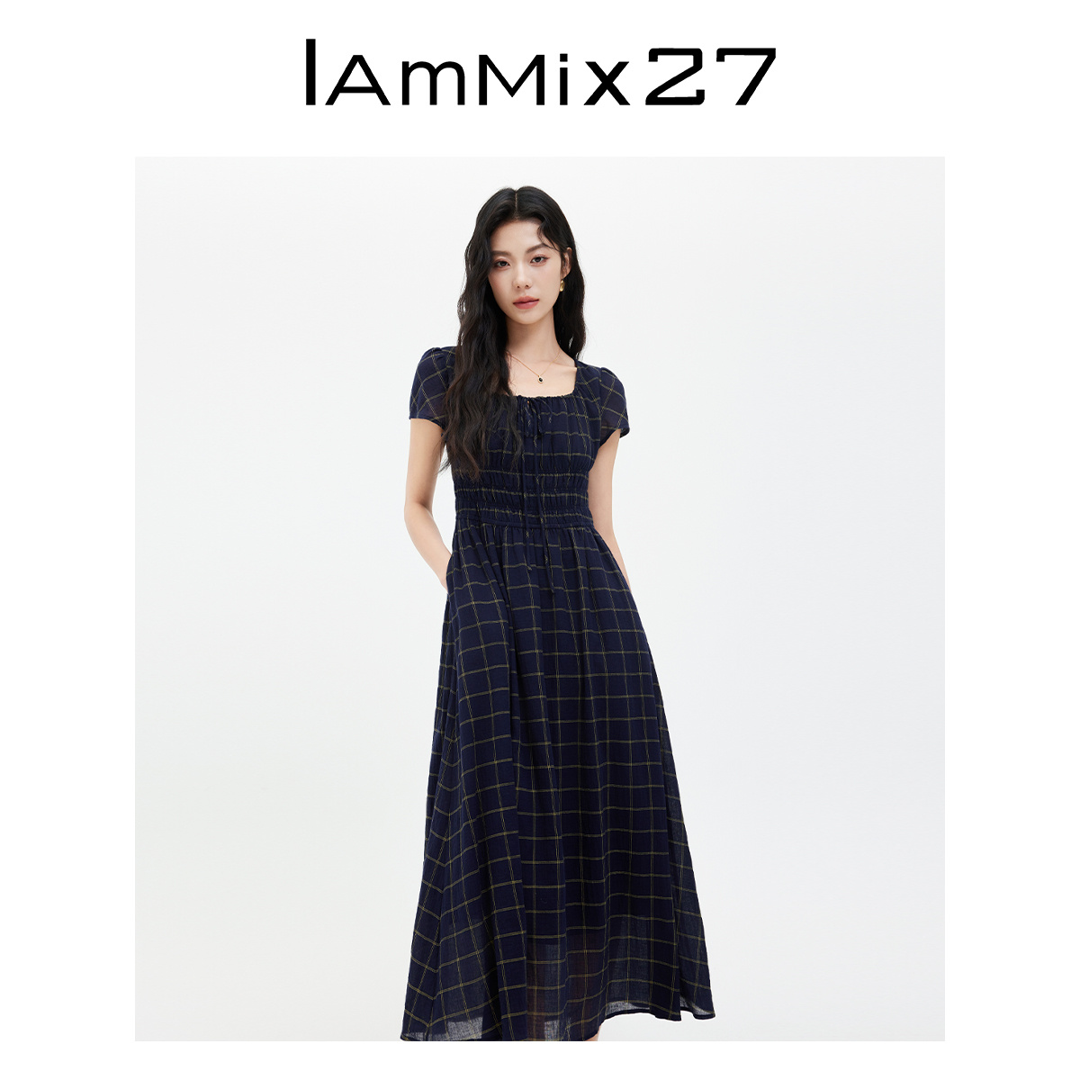 IAmMIX27复古方领短袖连衣裙女夏季简约撞色格子高腰泡泡袖连衣裙