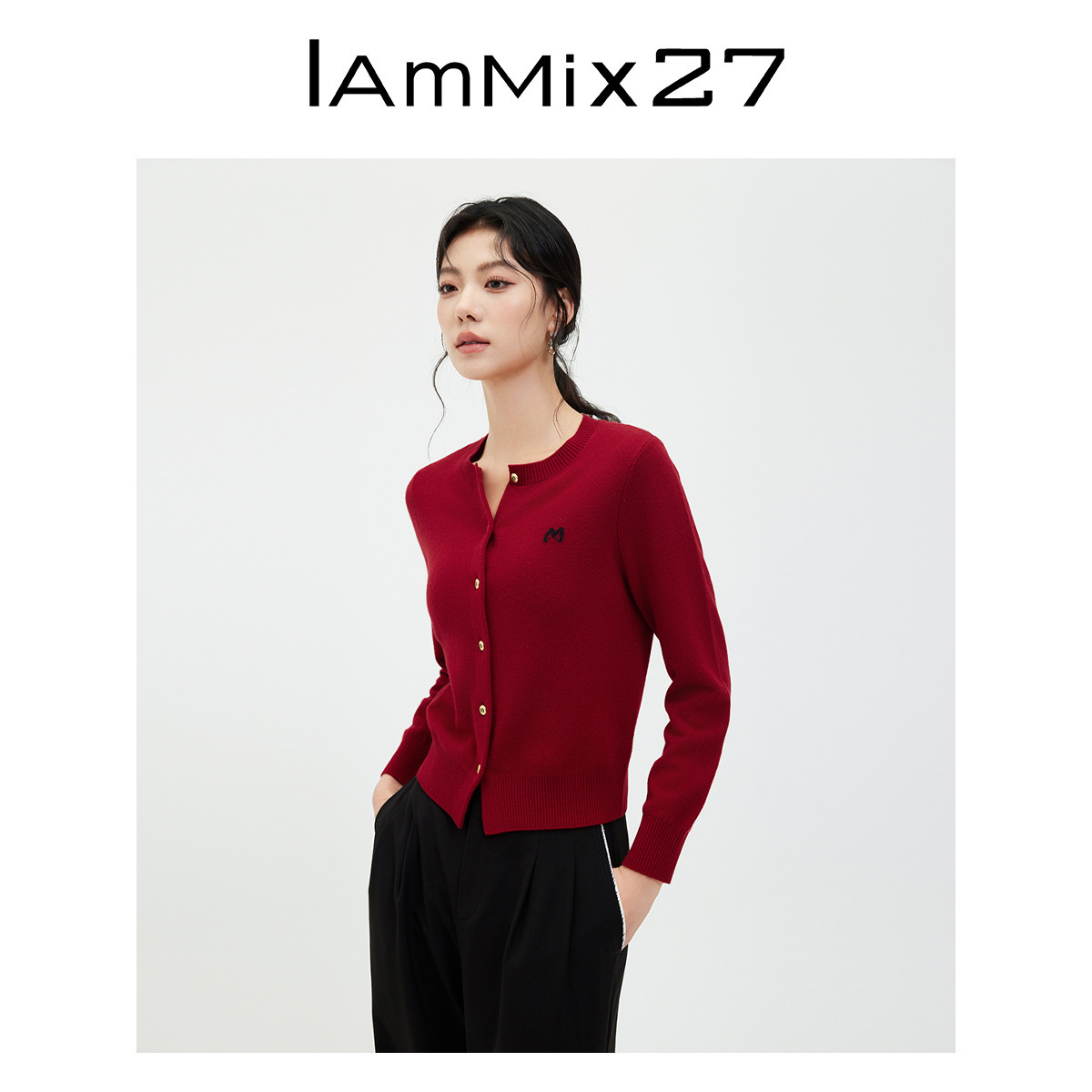 iammix27圆领长袖绵羊毛针织开衫