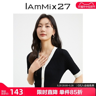 女短款 修身 简约外搭薄款 女上衣 IAmMIX27春夏v领套头衫 短袖 针织衫