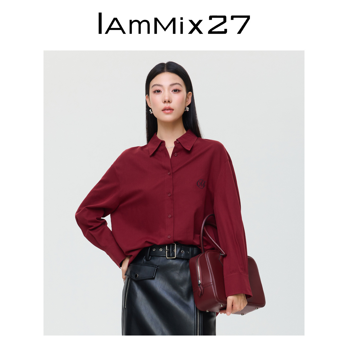 iammix27休闲撞色刺绣翻领衬衫