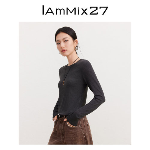 iammix27春秋纯色圆领长袖打底衫