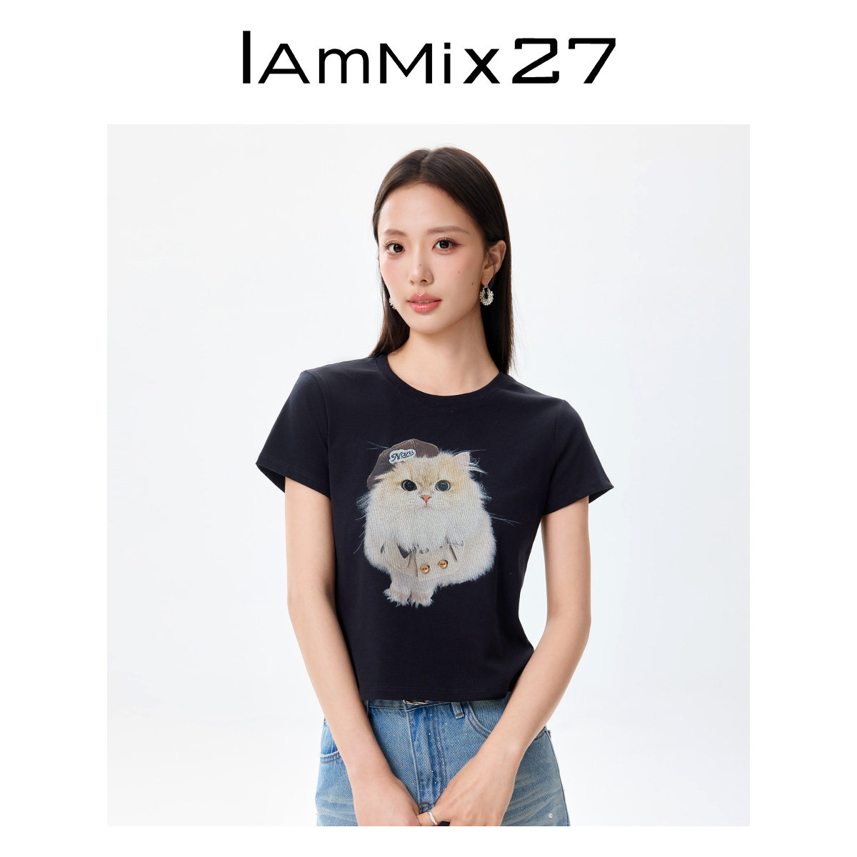 iammix27夏猫咪印花图案短袖T恤