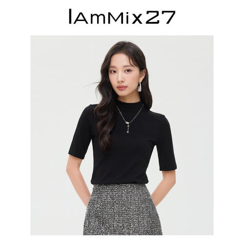 iammix27夏季纯色短袖半高领T恤