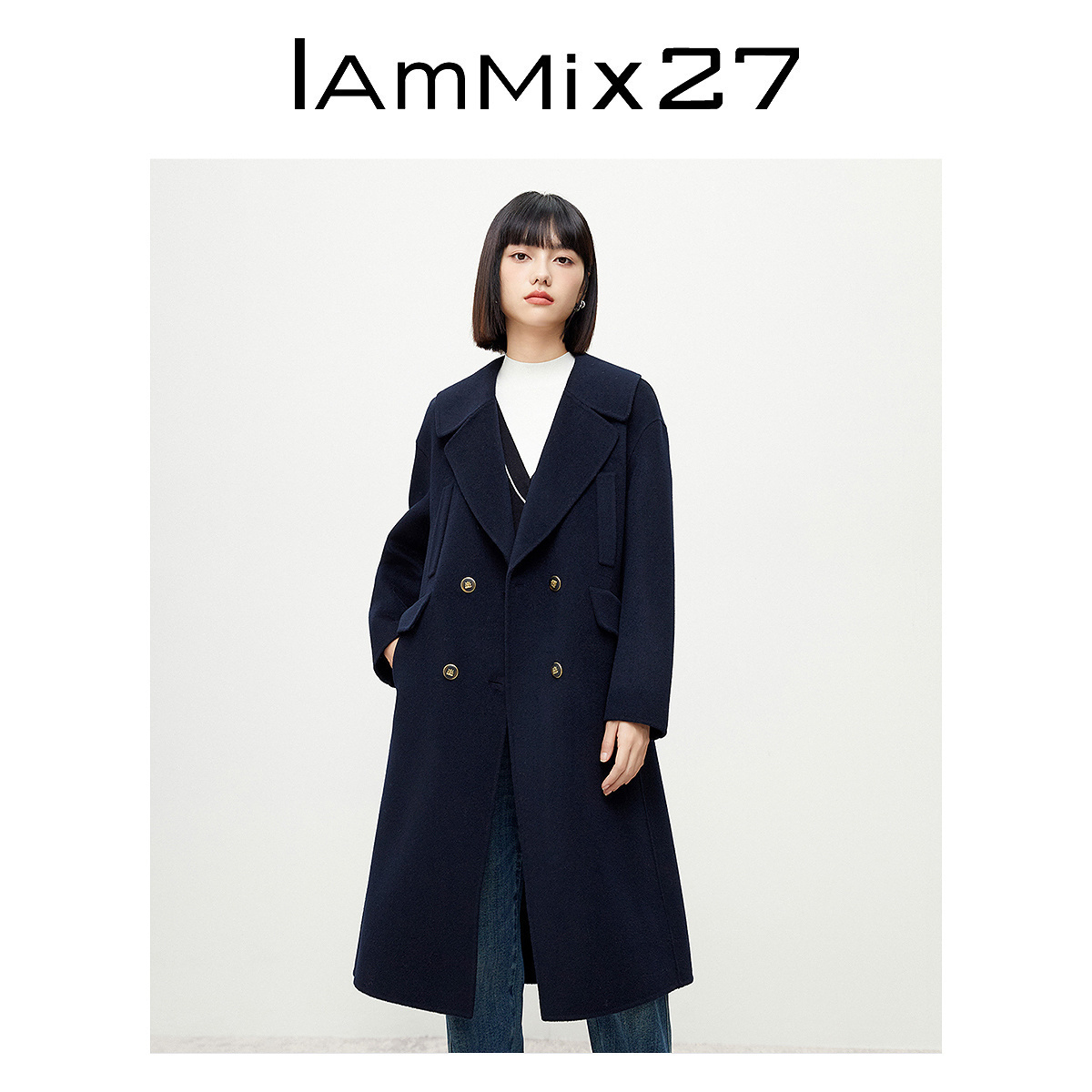 IAmMIX27冬季加厚双面呢大衣女保暖山羊绒绵羊毛西装领毛呢外套女