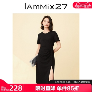 黑色短袖 IAmMIX27夏季 连衣裙女高腰显瘦侧开衩a字小黑裙女中长裙