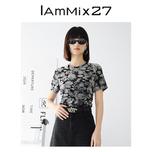 圆领T恤女短款 IAmMIX27短袖 显瘦黑白植绒印花不规则压褶套头上衣
