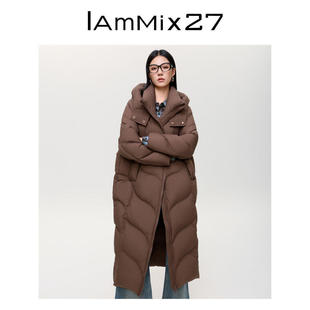 IAmMIX27冬季加厚连帽羽绒服女长款过膝宽松蓬松保暖纯色羽绒大衣