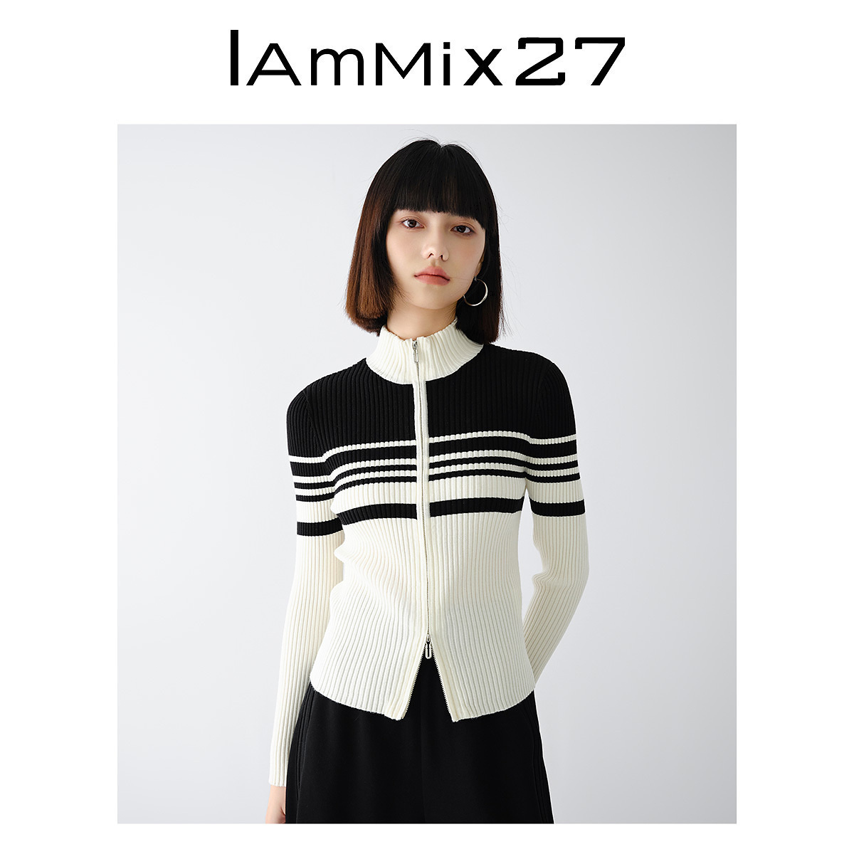 iammix27拉链绵羊毛立领针织开衫