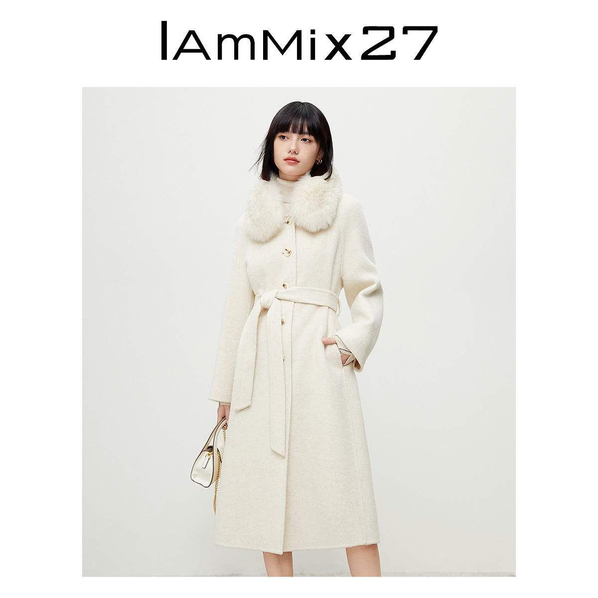 IAmMIX27大毛领毛呢大衣女收腰长款过膝全羊毛米白色双面呢外套女