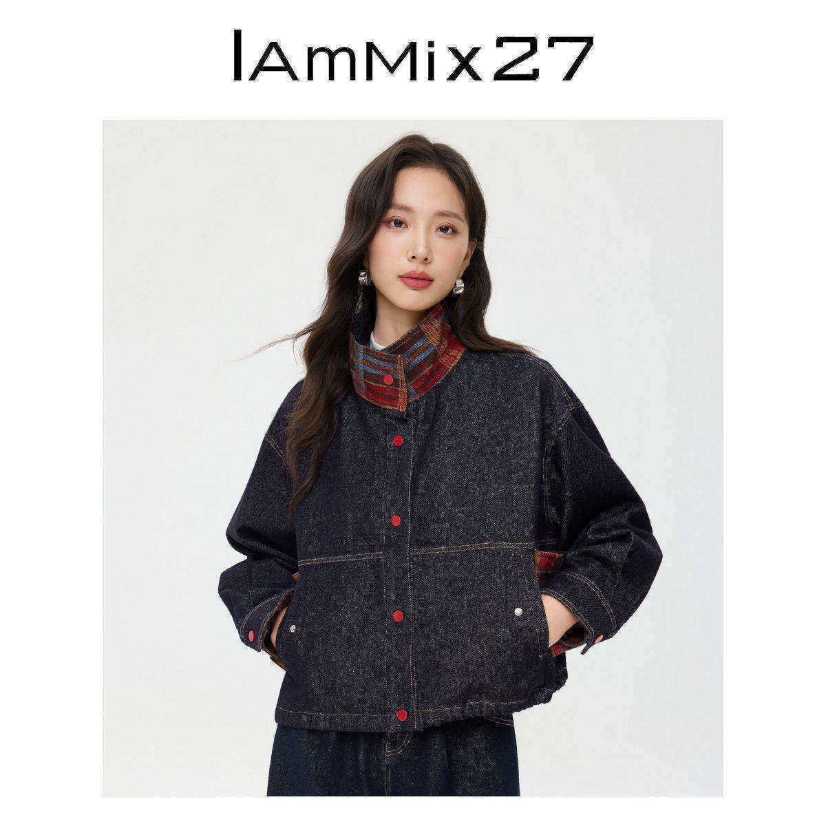 IAmMIX27复古牛仔外套女百搭彩色格子拼接水洗磨白落肩翻领上衣女