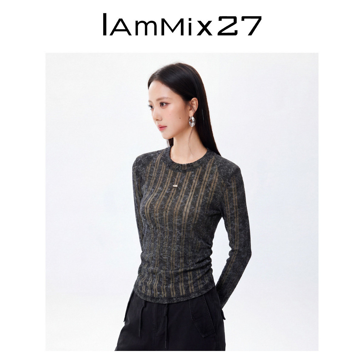IAmMIX27春秋圆领套头打底衫女修身薄款条纹亮丝混纺长袖针织T恤