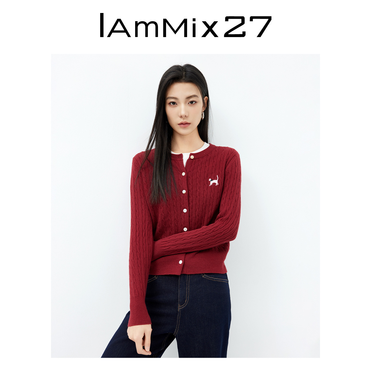 IAmMIX27圆领针织开衫女长袖短款学院风麻花纹休闲百搭软糯毛衣女