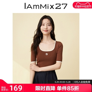 修身 百搭套头打底针织上衣女短款 女短袖 IAmMIX27春夏U领薄针织衫