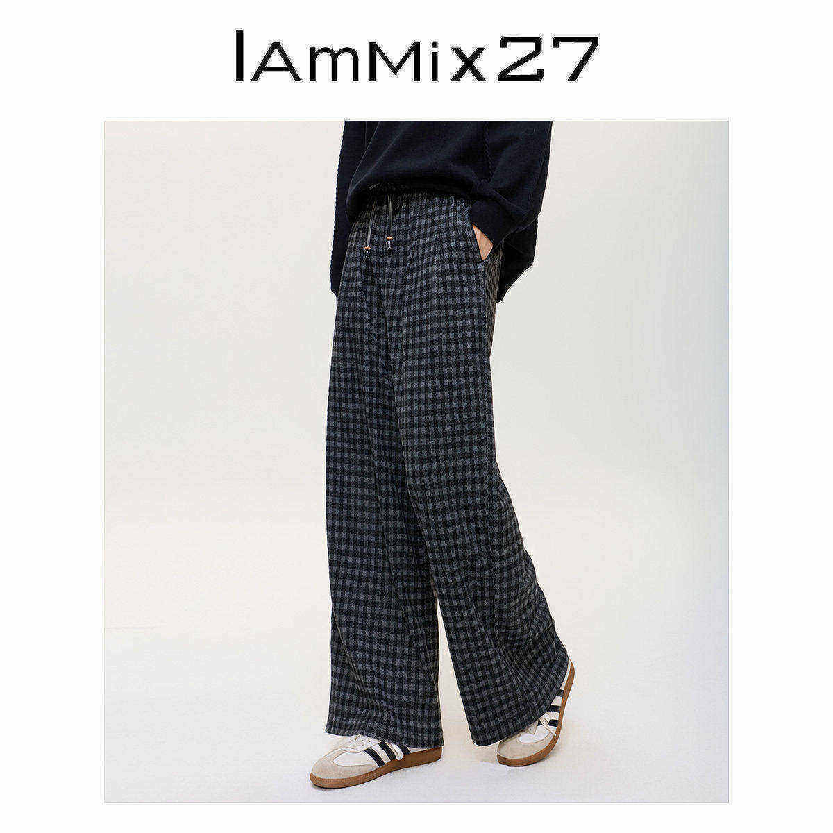IAmMIX27冬季休闲格子裤女加厚高腰宽松软糯磨毛直筒毛呢裤女长裤