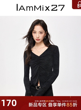 IAmMIX27V领针织套头衫女黑色修身百搭设计感抽皱亮片混纺上衣女