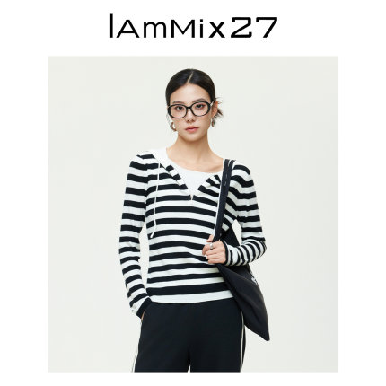 IAmMIX27春秋连帽针织衫女套头显瘦运动休闲假两件黑白条纹毛衫女
