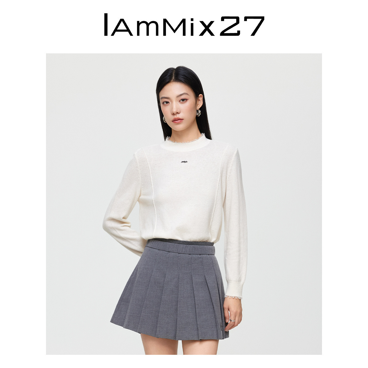 iammix27绵羊毛毛边圆领套头毛衫