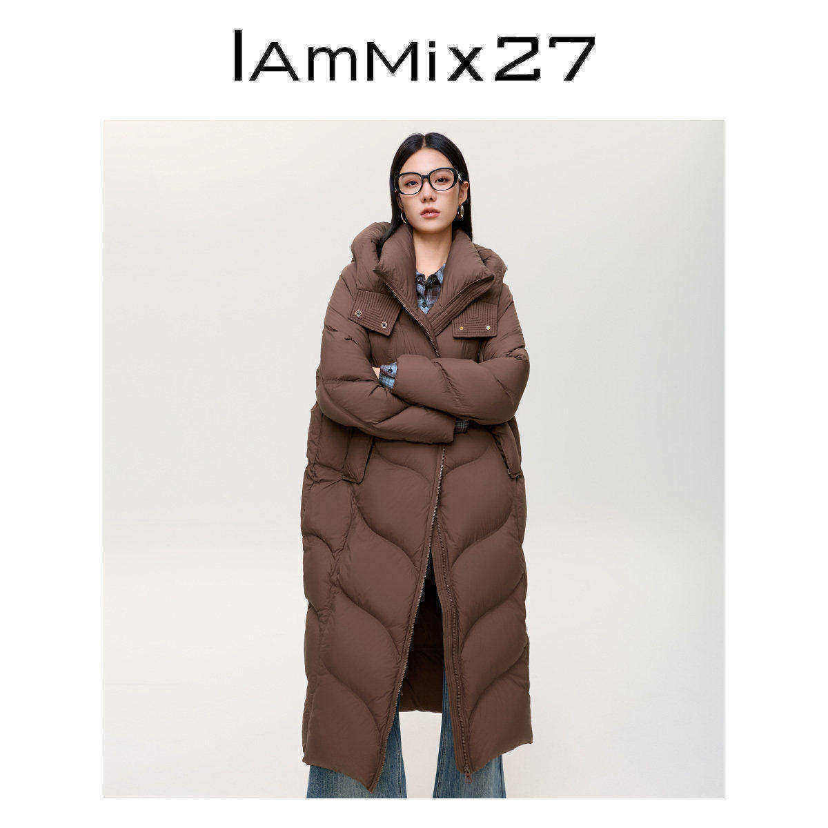 iammix27冬季轻暖长款连帽羽绒服