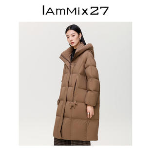 IAmMIX27冬季连帽羽绒服外套女中长款宽松轻便蓬松保暖羽绒大衣女