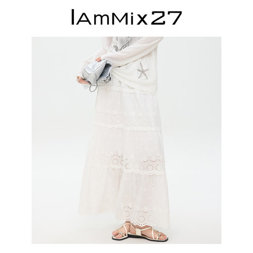 iammix27白色松紧高腰蛋糕裙