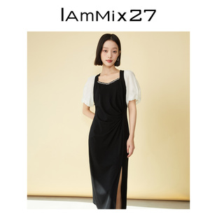 IAmMIX27法式 A字裙 方领连衣裙女减龄撞色灯笼袖 压褶收腰显瘦短袖