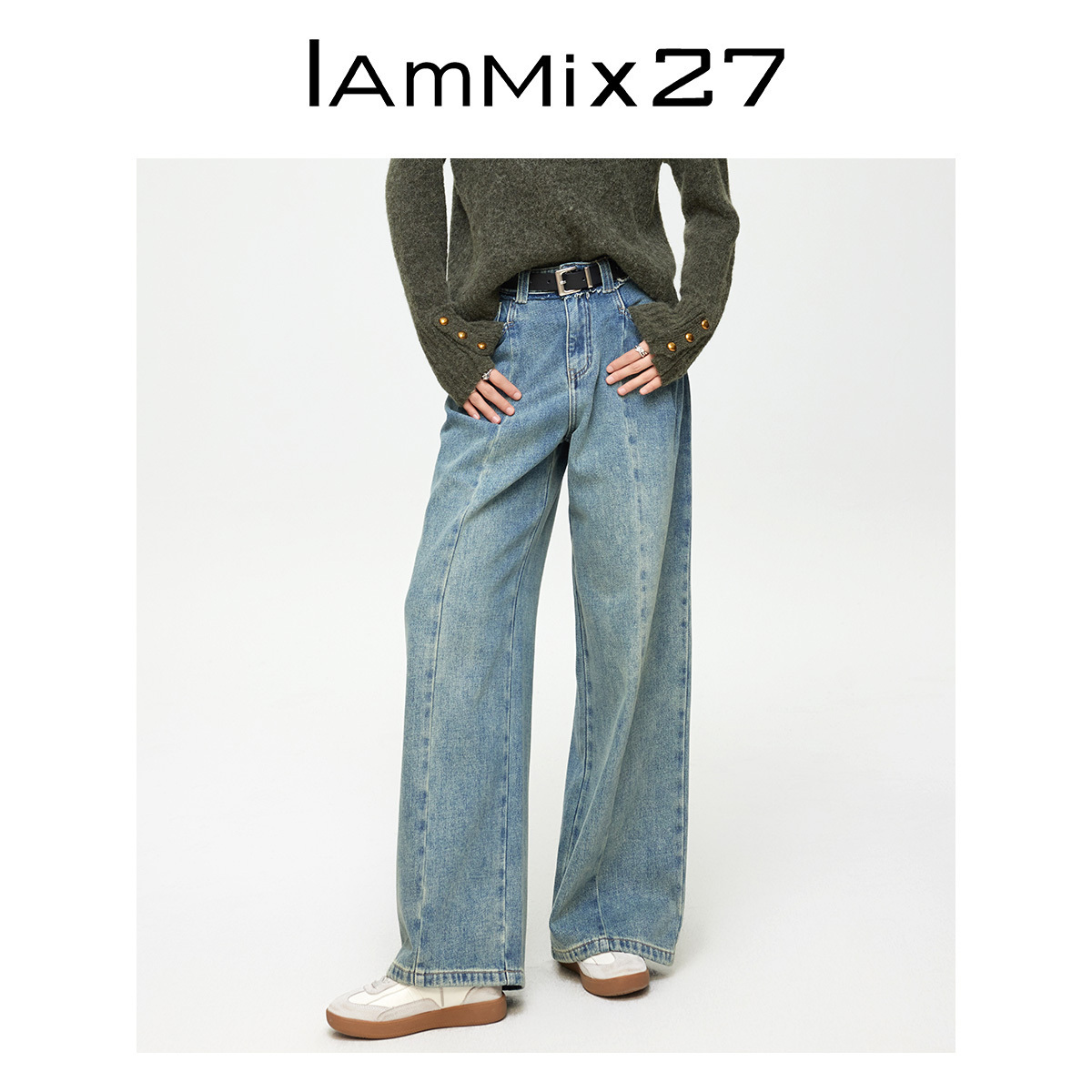 iammix27秋冬宽松高腰牛仔直筒裤