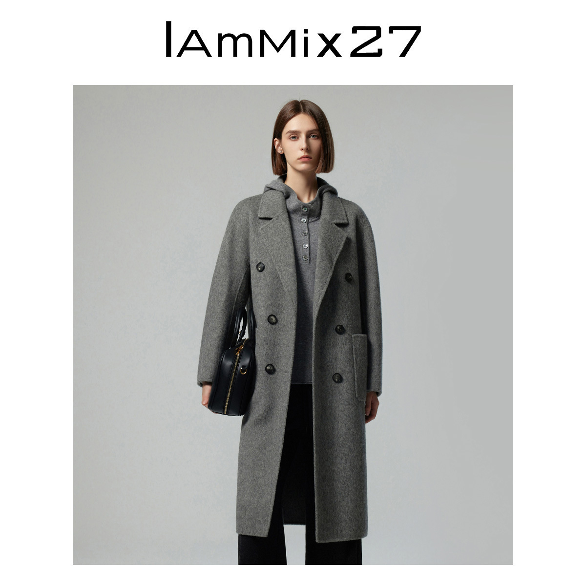 IAmMIX27冬季灰色毛呢大衣女中长款高级感宽松西装领双面呢外套女