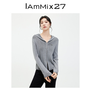 IAmMIX27春秋连帽针织衫 女 女短款 显瘦双拉链破洞做旧羊毛混纺开衫