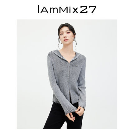 IAmMIX27春秋连帽针织衫女短款显瘦双拉链破洞做旧羊毛混纺开衫女