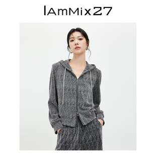 双拉链运动休闲亮丝烫钻针织开衫 IAmMIX27春秋连帽卫衣女短款 外套