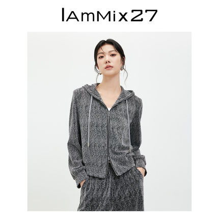 IAmMIX27春秋连帽卫衣女短款双拉链运动休闲亮丝烫钻针织开衫外套