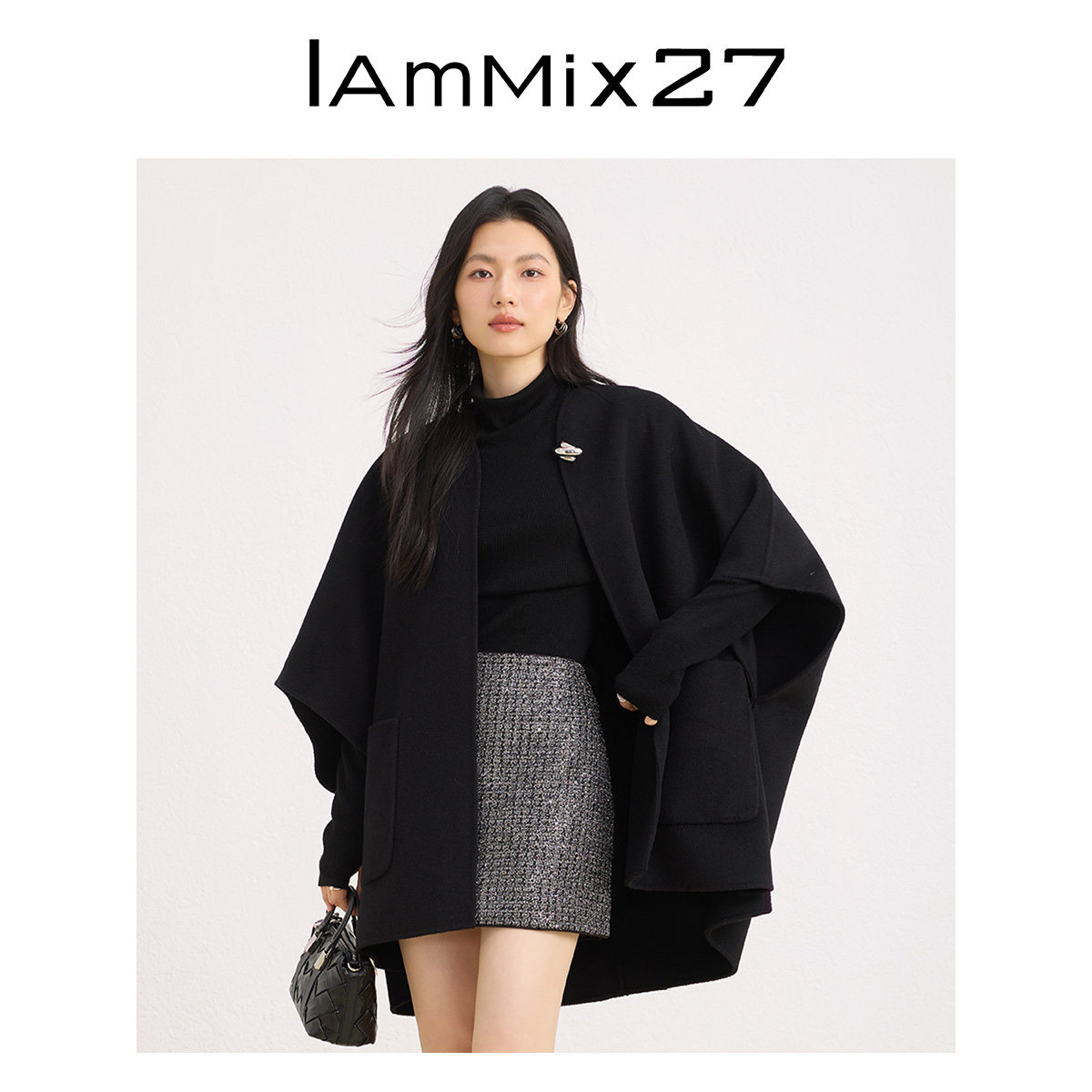 iammix27黑色全绵羊毛双面呢外套