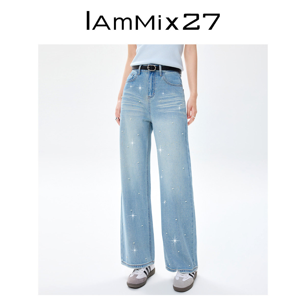 IAmMIX27夏季烫钻牛仔裤女高腰薄款水洗磨白钉珠休闲直筒裤女长裤
