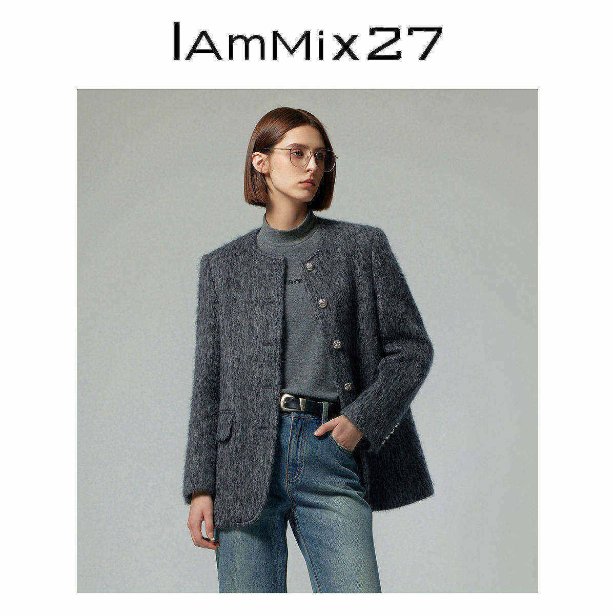IAmMIX27秋冬圆领毛呢外套女灰色简约高级感加厚羊毛混纺休闲西服